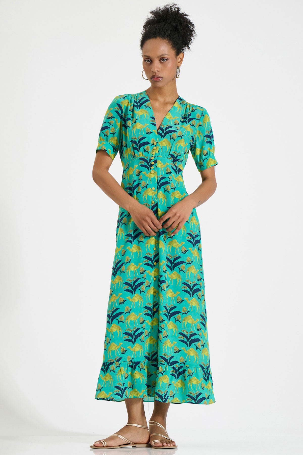 Silk V-Neck Midi Dress